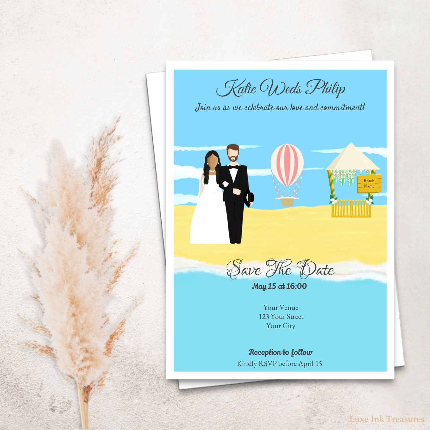 Editable Cool and Fun Beach Wedding Invite | Couple 4