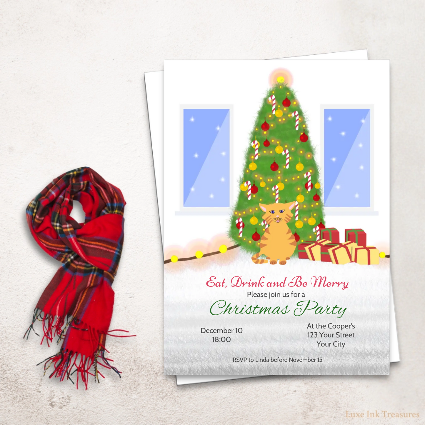 Editable Christmas Party Invite | Charming Cat Lover's Christmas Invite