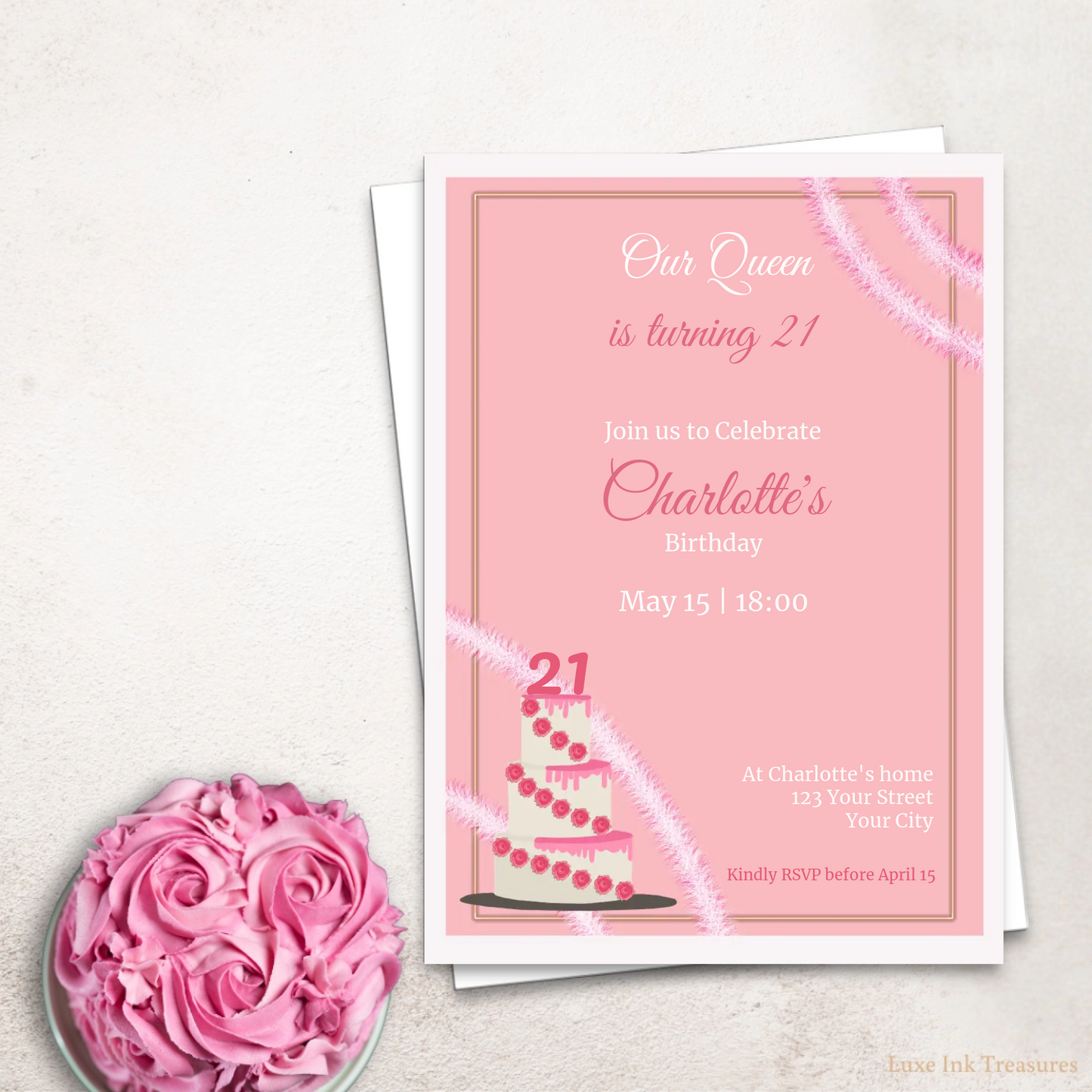 Editable ANY Age Birthday Invite | Candle and Pink Roses Cake Birthday Invite