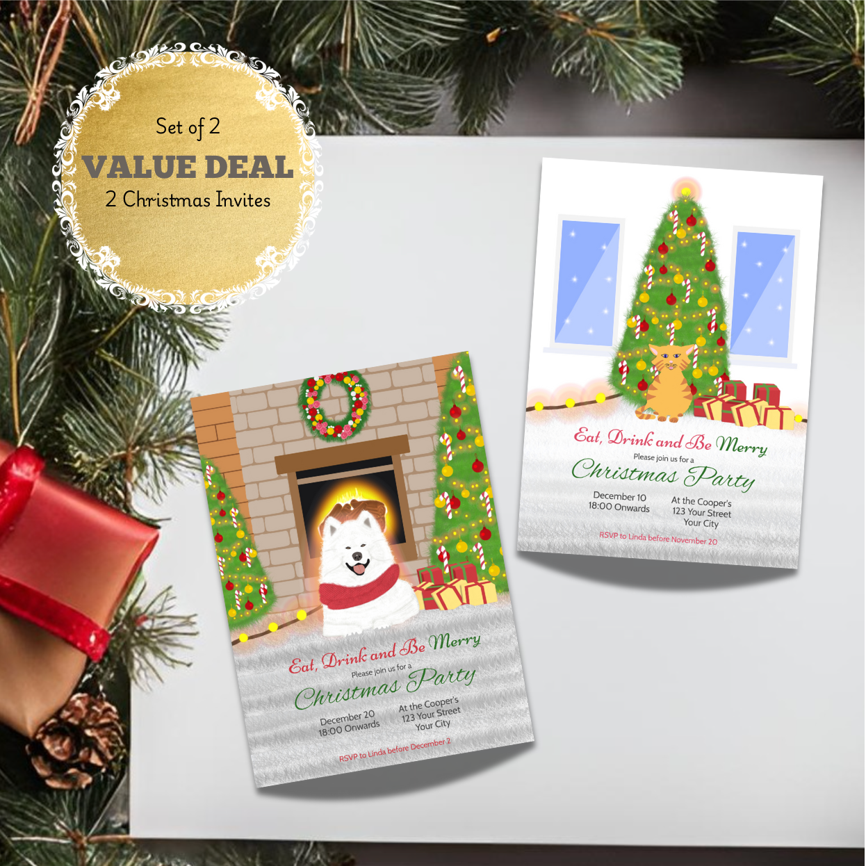 [Set of 2] Editable Christmas Invites | Charming Pets Christmas Invites