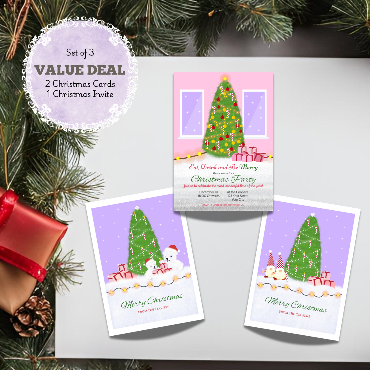 [Set of 3] Editable Christmas Cards and Invite | Whimsical Christmas Cards and Invite