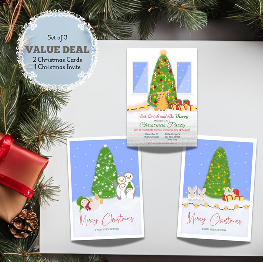 [Set of 3] Editable Christmas Cards and Invite | Single Page Playful Christmas Cards and Invite